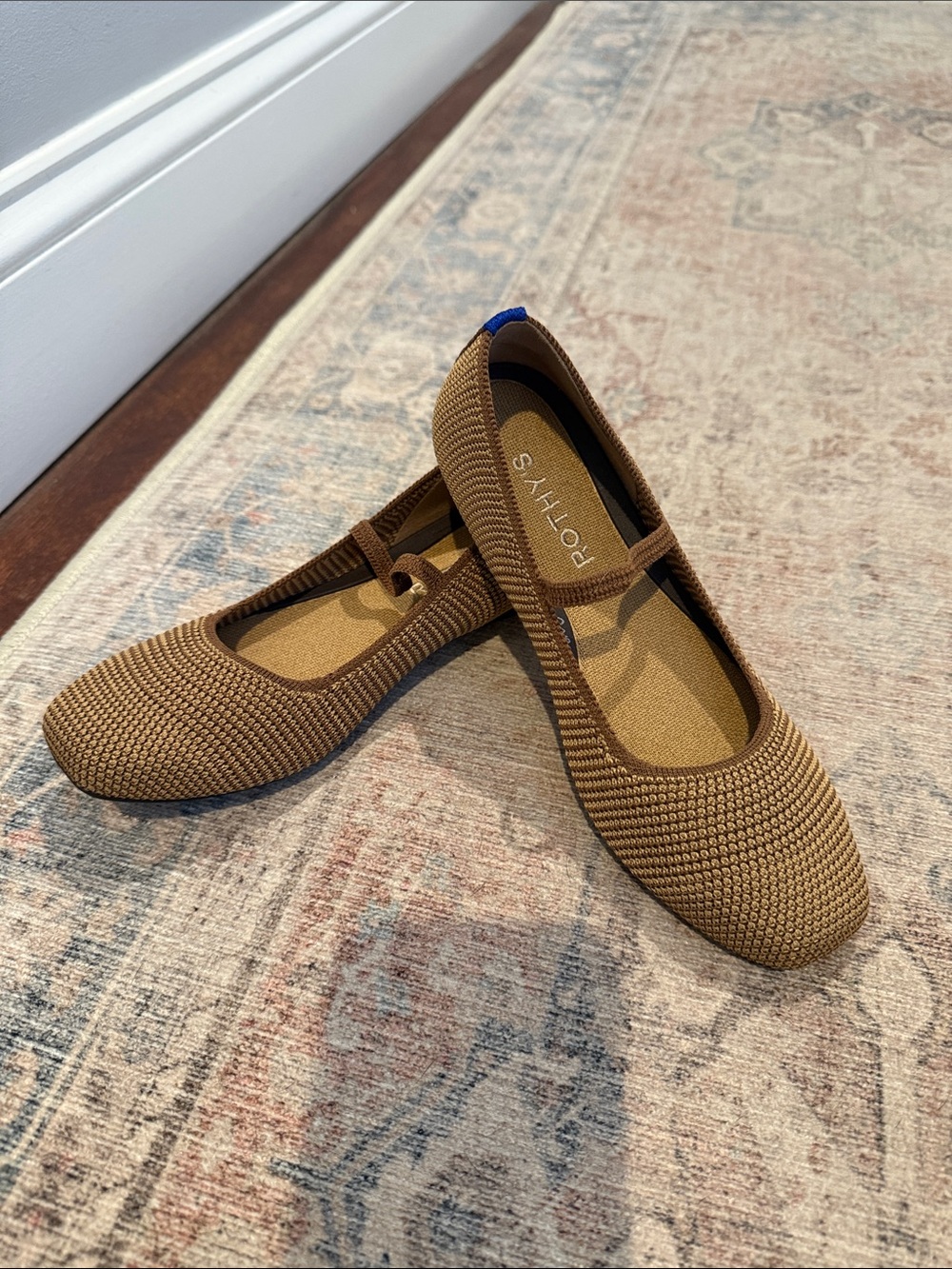 Rothy's Tan Knit Mary Jane Flats with Blue Heel Tab - Picture 2 of 5